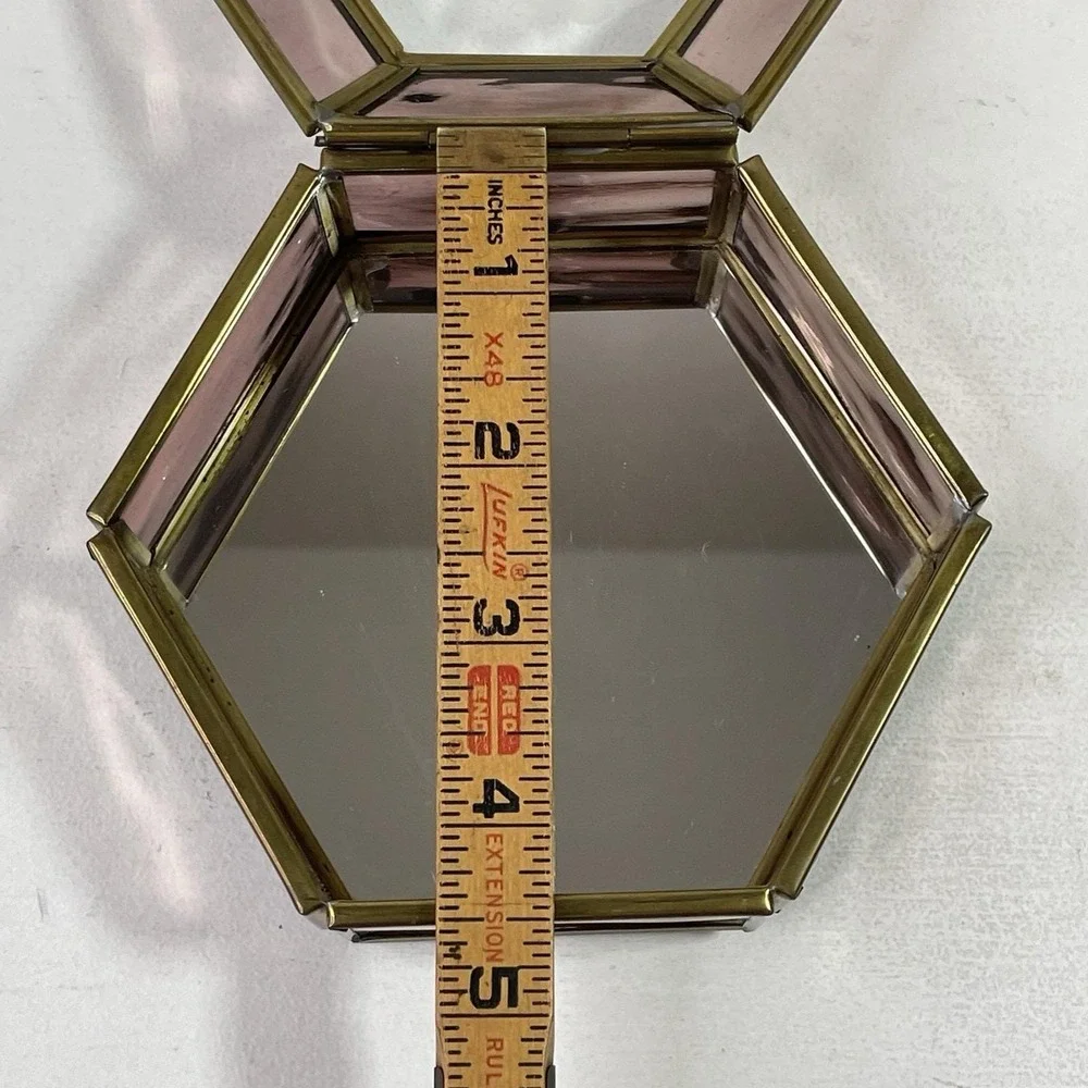 Vintage Purple Glass Jewelry Box Etched Flower Mirrored Brass Base Hexagon